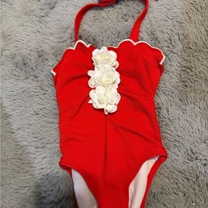 Red One-Piece Swimsuit with White Floral Accent